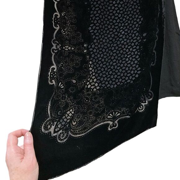 Black Velvet Burnout Scarf Rectangle Hand Rolled Hem - Picture 3 of 6